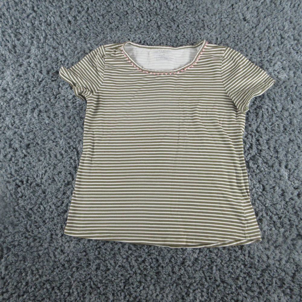 Talbots Shirt Womens Medium Petites MP Green White Striped Short Sleeve Pullover
